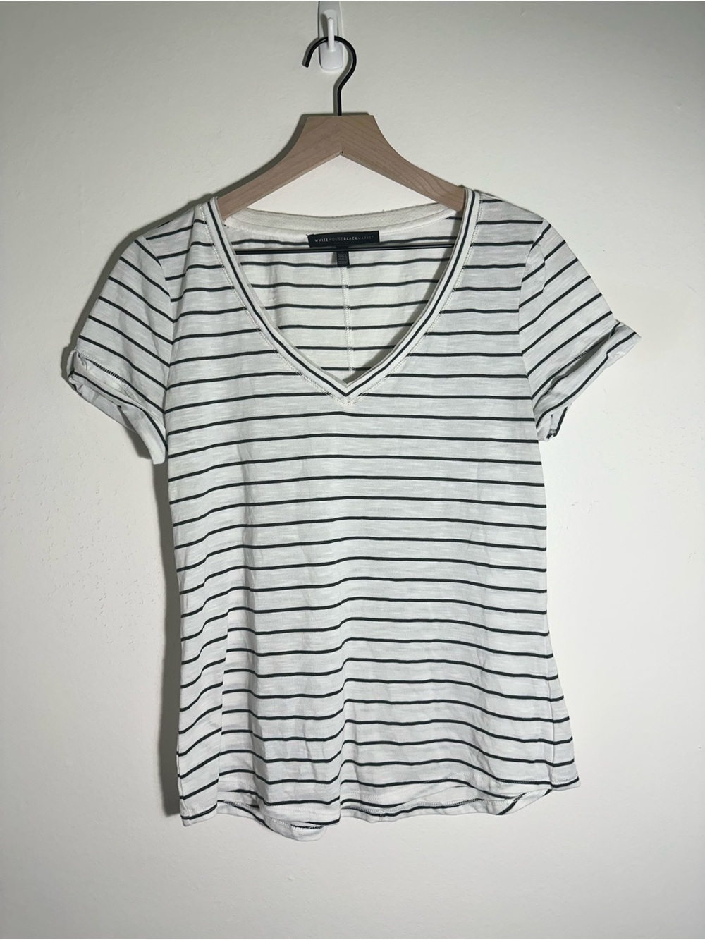 White House Black Market - White & Green Striped V-Neck Tee